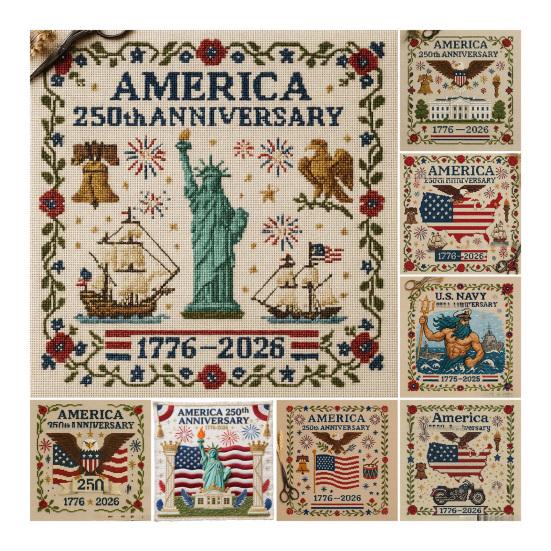 USA 250-årsjubileum Broderisett DIY Nålbinding Nybegynner Patriotisk Minne Broderimønster Suvenirgave for Nybegynnere Veteraner Militære