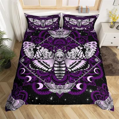 Schmetterling und Totenkopf-Falter Bettbezug Queen Gothic Schädel Blume Sternenhimmel Mond Bettwäsche-Set Polyester Boho Exotisch Schwarz Steppdecke