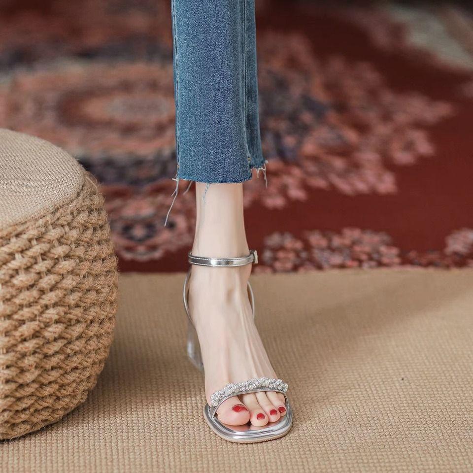 One-word Sandals Women's Summer 2025 New Crystal Thick Heel Medium Heel with Skirt Temperament Silver High Heels