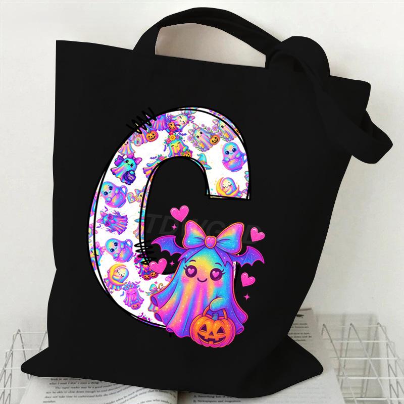 Halloween Alphabet Canvas Bag Going Out Portable Handbag Women's Large Capacity Casual Shoulder Crossbody Bag