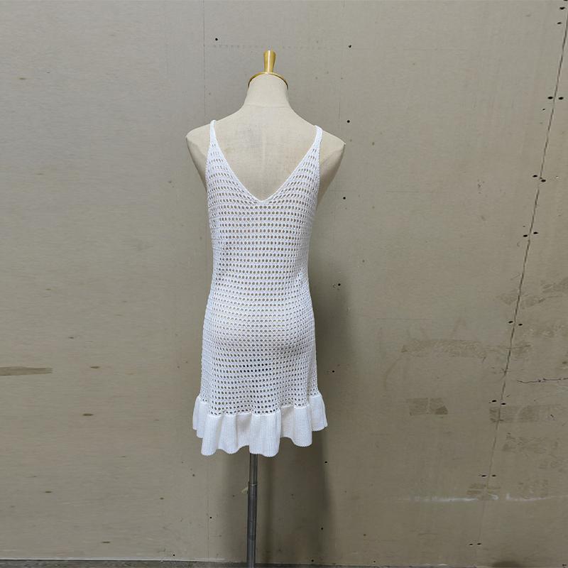 Summer Women Knitwear Knit Ruffled Hollow Out Mini Dress Female V Neck See Through Holiday Beach Casual Clothes Dress
