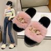 Women's Autumn/Winter Furry Slippers with Metal Chain - Fashionable Warm Flat Fur Slippers
