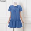 VONDA Women Summer Round Neck Casual Short Sleeve Ruffled Mini Dress