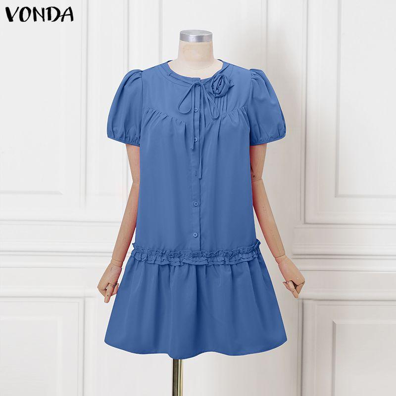 VONDA Women Summer Round Neck Casual Short Sleeve Ruffled Mini Dress