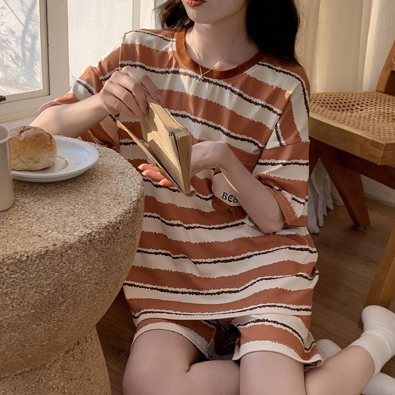 Summer Woman Pajama Cotton Cartoon Sleepwear Orange Cartoon Printing Pyjamas Set Young Lady Shorts Pullover Lingeries