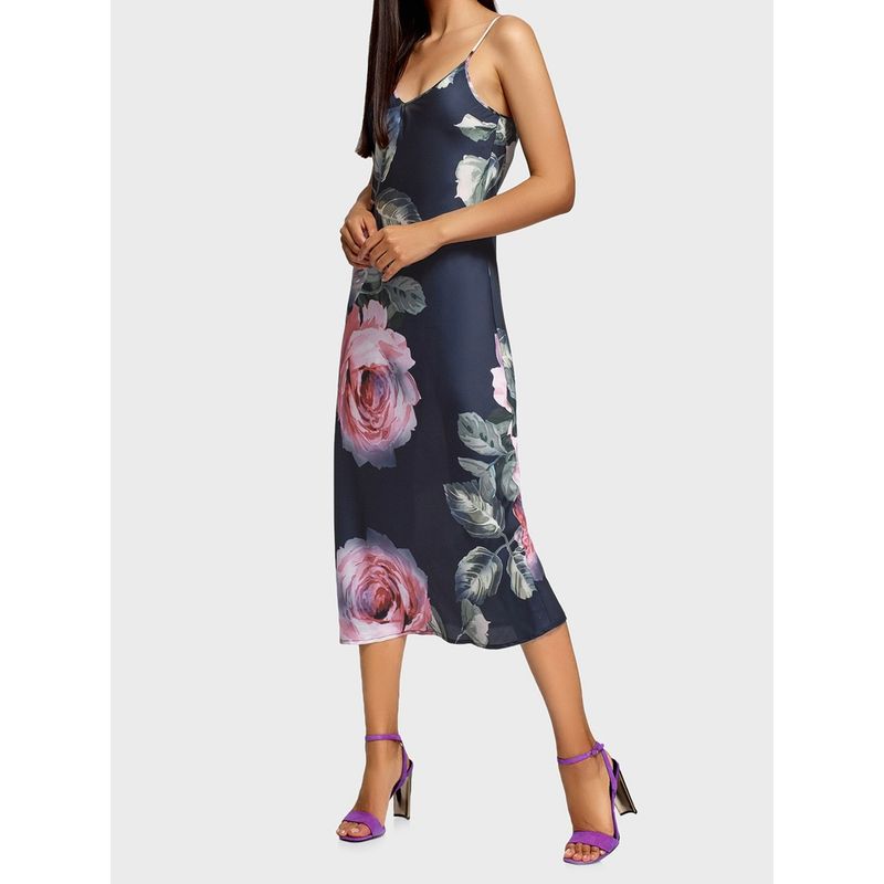 Foreign Trade Order Sling Smooth Satin Backless Elegant Lady Beautiful Rose Print Dress Holiday Style Hip Skirt