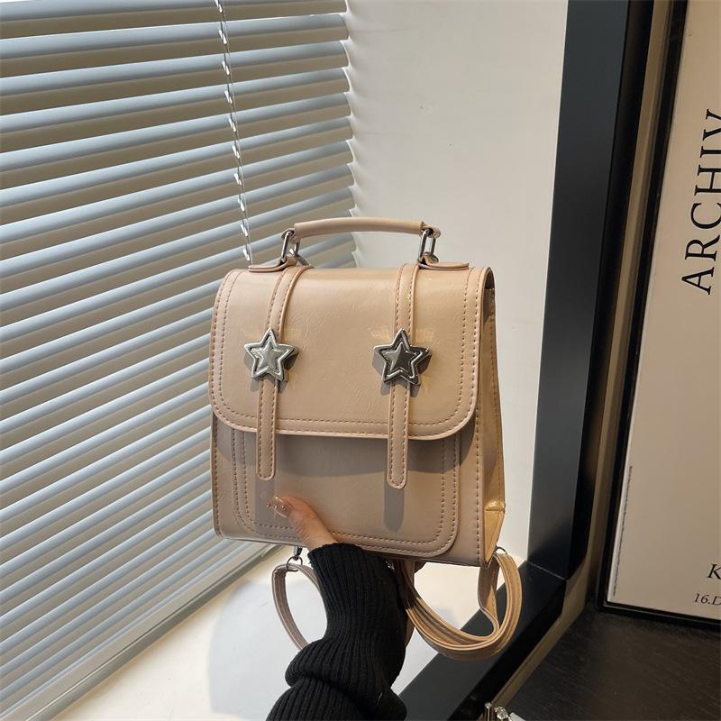 Vintage Star College Style PU Backpack for Women Thread Design Girls Satchel Shoulder Bag Student Portable Solid Color Handbags