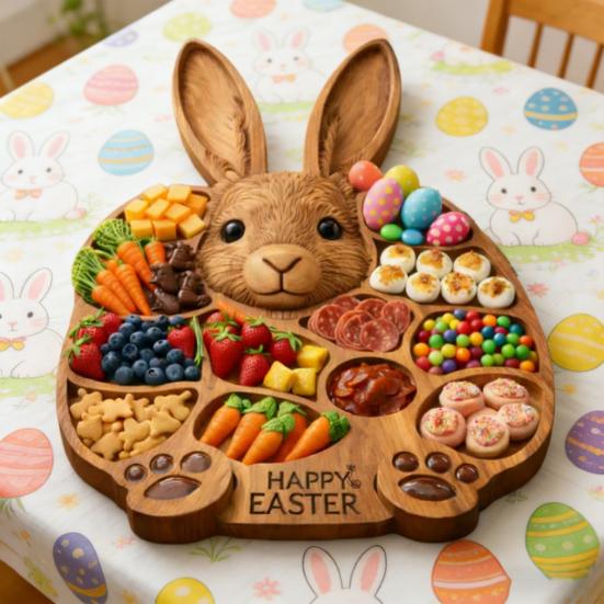 Deli Tray Rustic Rabbit Shape Serving Board with Multiple Compartments Natural Wood Smooth Surface Meat Fruit Nuts Snacks Organizer