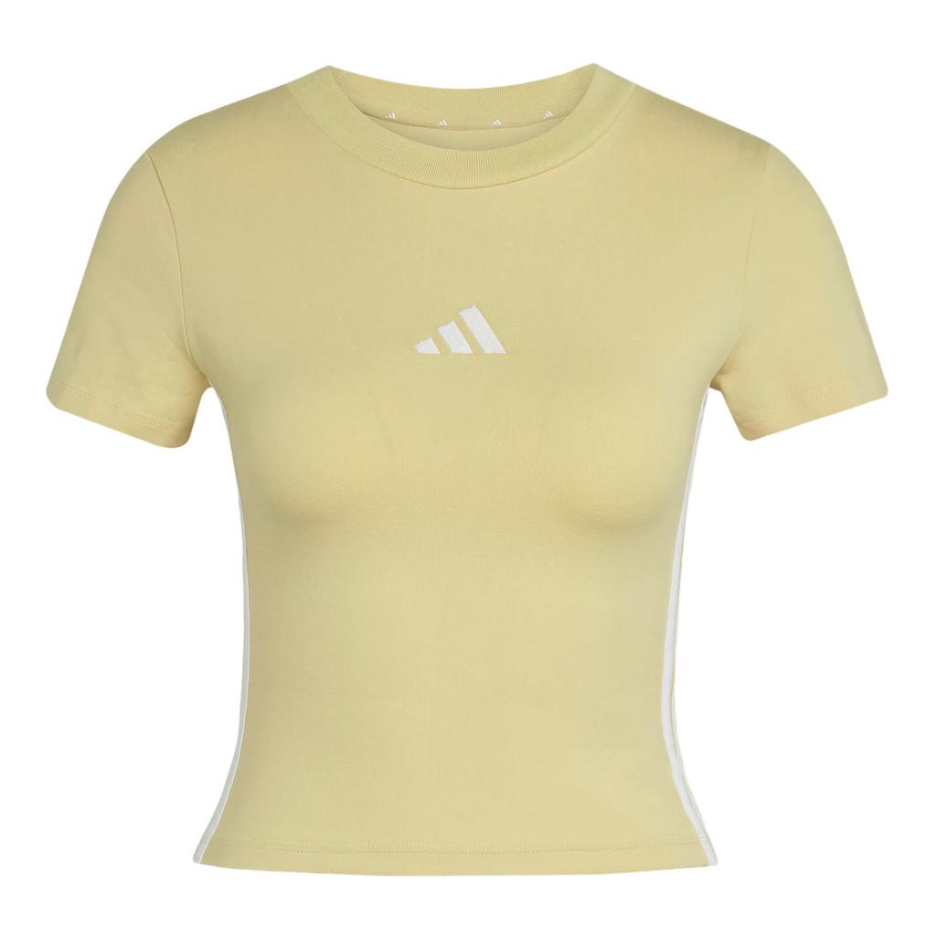 Adidas Essentials Slim Striped Round Neck Pullover Fitted Short Sleeve T-Shirt Women T-Shirts Powder-Yellow White JE1246