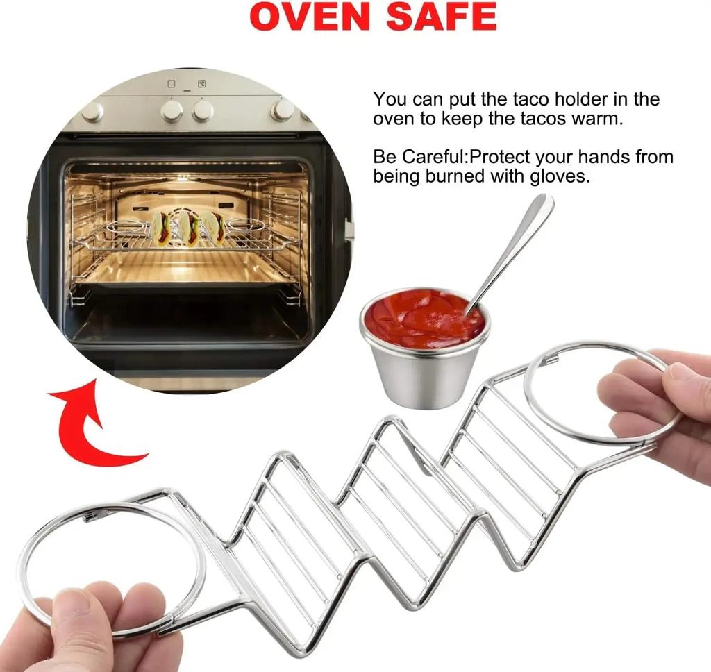 Stainless Steel Pancake RackTaco HolderPizza Display Stand,Spring Roll Food Rack,With Double-Sided Seasoning Cups for Restaurant