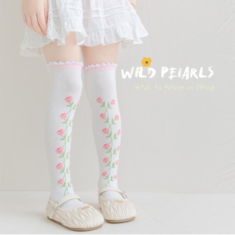 Children's Knee Length Cotton Socks Baby Girls Long Tube Socks Soft Stockings Flower Pattern for School Uniforms