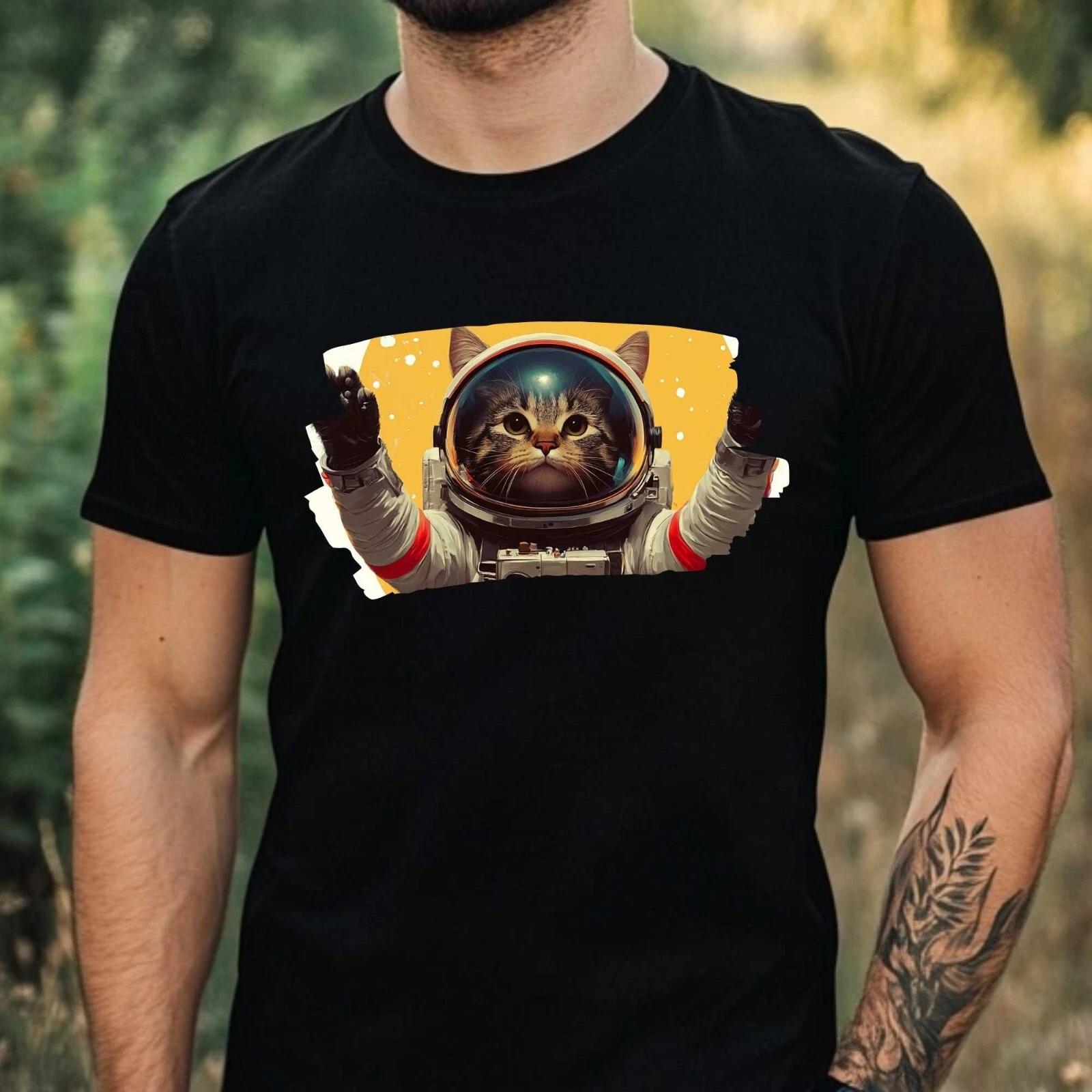T-Shirt Herren Katze als Astronaut Motiv Baumwolle Größe XS bis 5XL XS