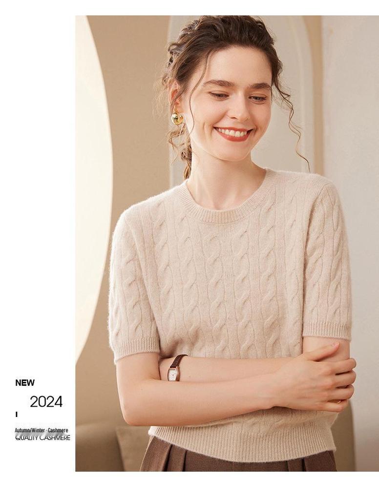 Women's Yellow Cable Knit Cashmere Short-Sleeve Sweater - Autumn/Winter Round Neck Pullover