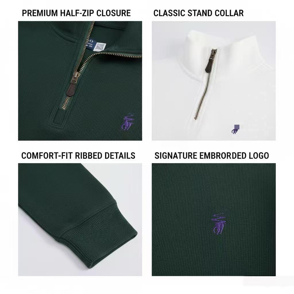 סריג גברים RL עם רקמת פוני וחצי רוכסן - סתיו חדש, סוודר קז'ואל רפוי ורב-תכליתי