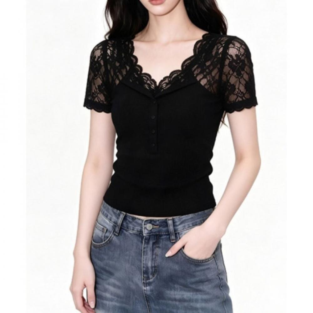 Rellawear Women S Black Lace See Through Short Sleeve Top