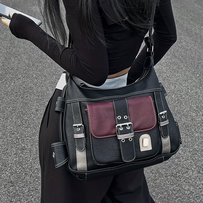 Vintage Leather Women's Bag, Y2k Spicy Girl Motorcycle Crossbody Bag, Large Capacity Contrasting Single Shoulder Bags