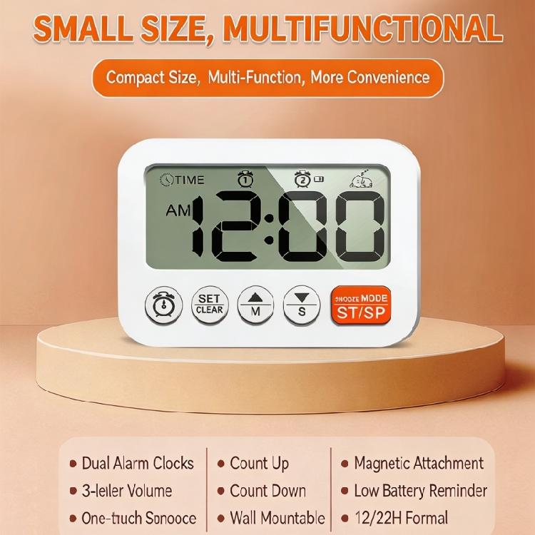 Digital Alarm Clock with 99:59 Down Count, Two Alarm Functions, Foldout Stand and Wall Hanging for Kitchen Office Use Daily Indoors