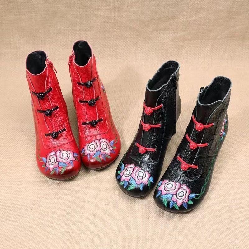 Fashion Ethnic boho ankle boots women's faux leather cheap waterproof shoes woman vintage embroidered boot ladies block mid heel booties