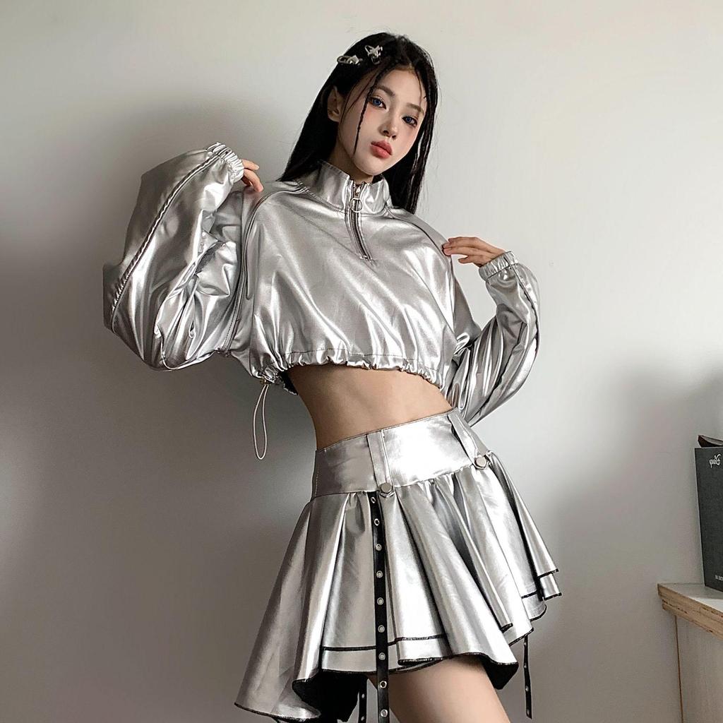Kryddig Tjej Cyberpunk Silver Långärmad Cropped Huvtröja Dansset