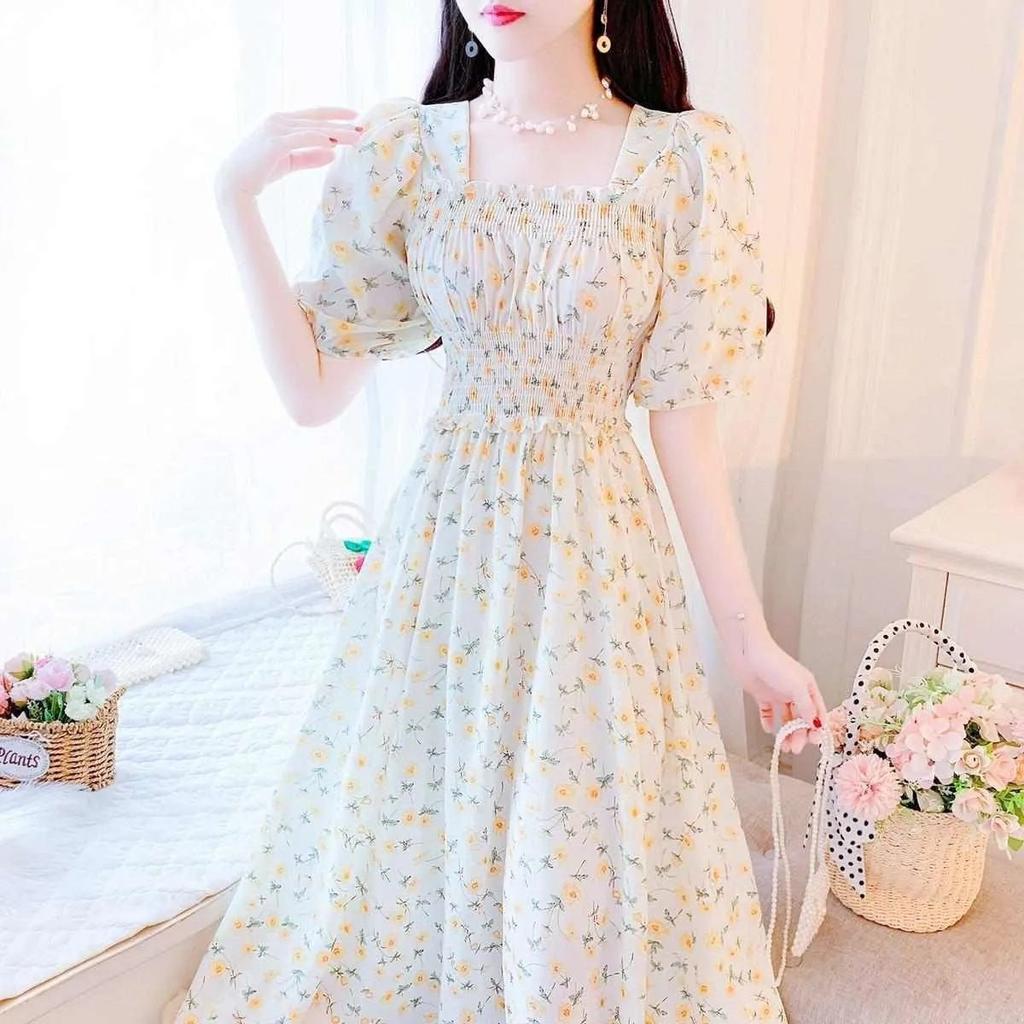 Coffee break French square collar floral pure dress women's summer new high-end temperament waist beautiful long dress