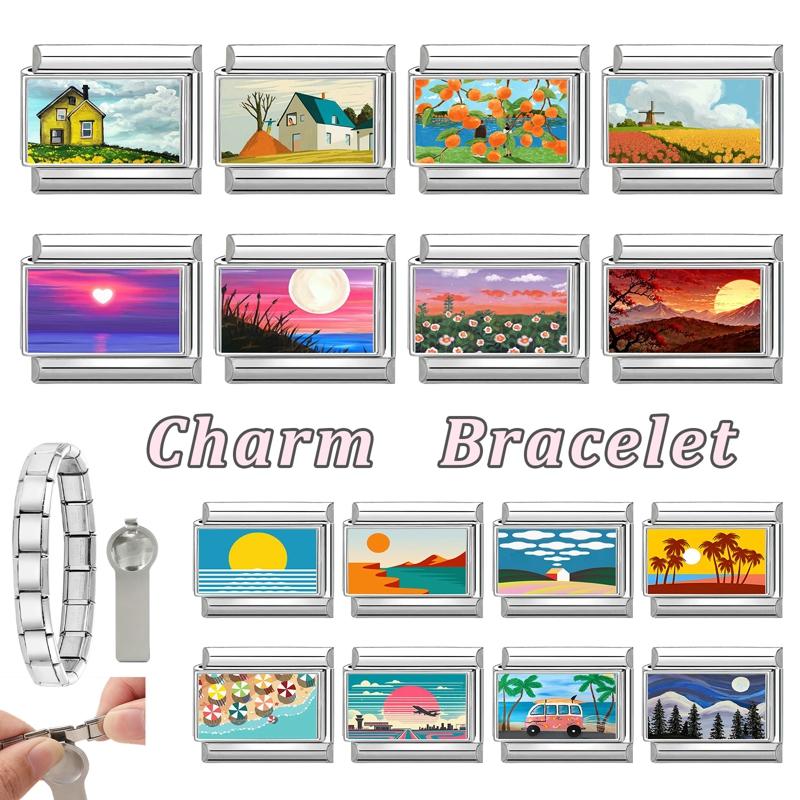 Y2K Pink Scenery Series Moon Heart Sunset Flower Cat Italian Charm Links 9mm Bracelets Bangle Stainless Steel DIY Making Jewelry