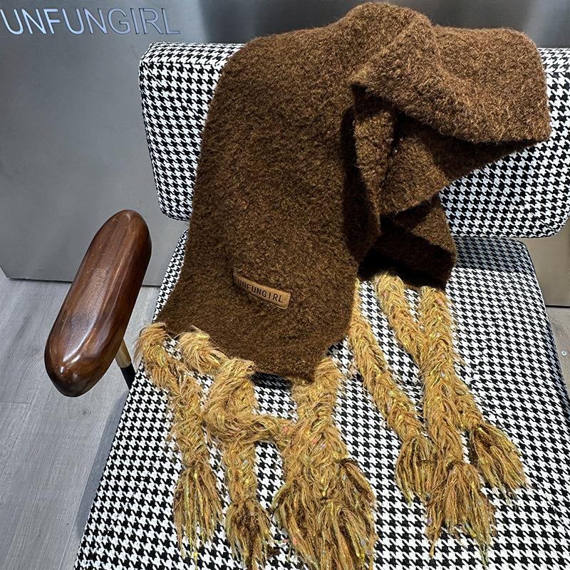 Handmade long tassel retro winter thickened solid color warm scarf women's thick wool scarf