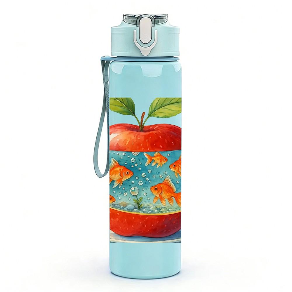 1PC Earth Pattern Apple Fruit Print 750ml Color Plastic Sports Water Bottle Leakproof Flip Straw Lid Suitable for Sports Office Home Use