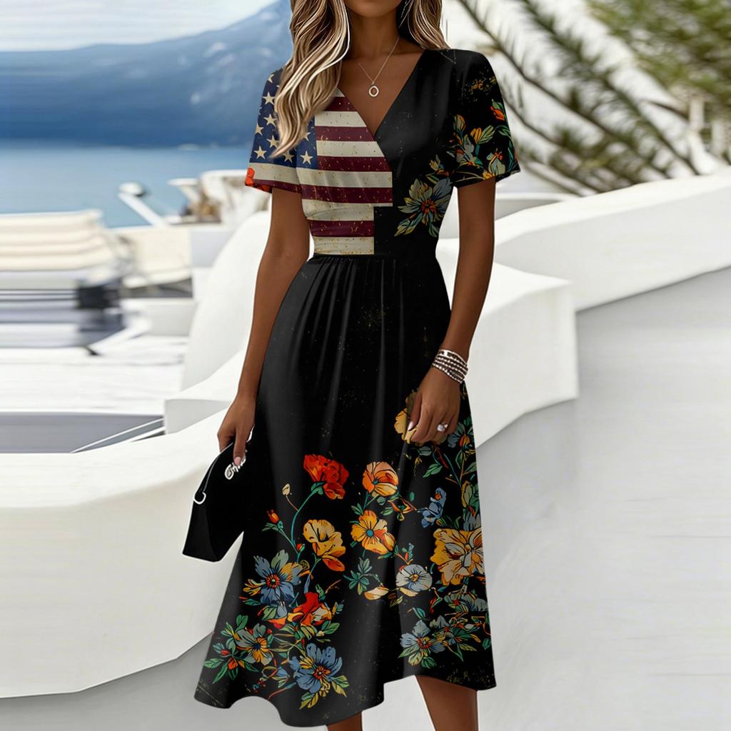 Damen Unabhängigkeitstag Print Lässiges Mode Kurzarm V-Ausschnitt Kleid