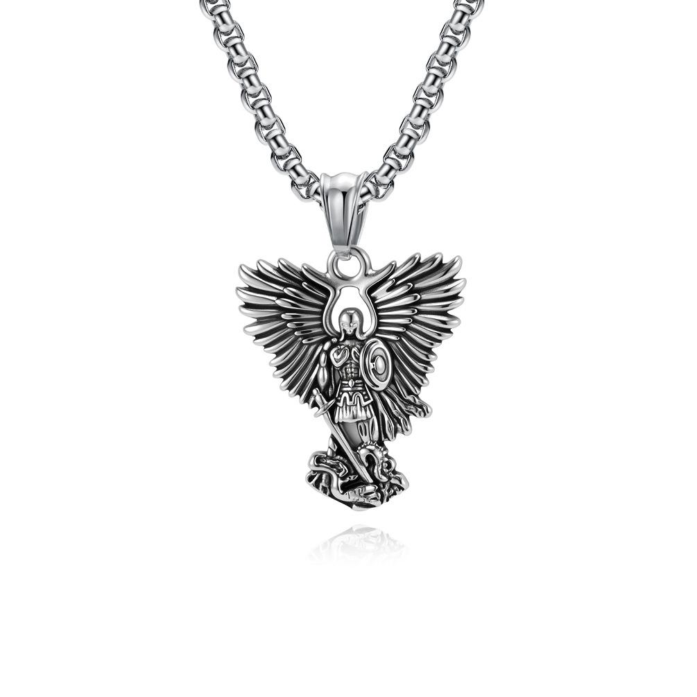 Archangel St. Michael Titanium Steel Necklace Men s Niche Literary Retro Personality Sweater Chain Pendant 60CM