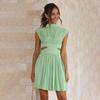 Women Spring Sleeveless Solid Color Slim Short Dress Summer Casual A-Line Stand Collar High Waist Dresses S-XL