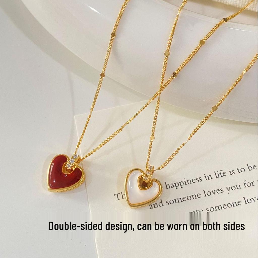 Red Enamel Mother-of-Pearl Double-Sided Heart Necklace - Luxurious High-End Sweater Chain Accessory