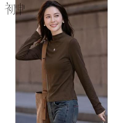 Women's Solid Half-High Collar Long-Sleeve Top