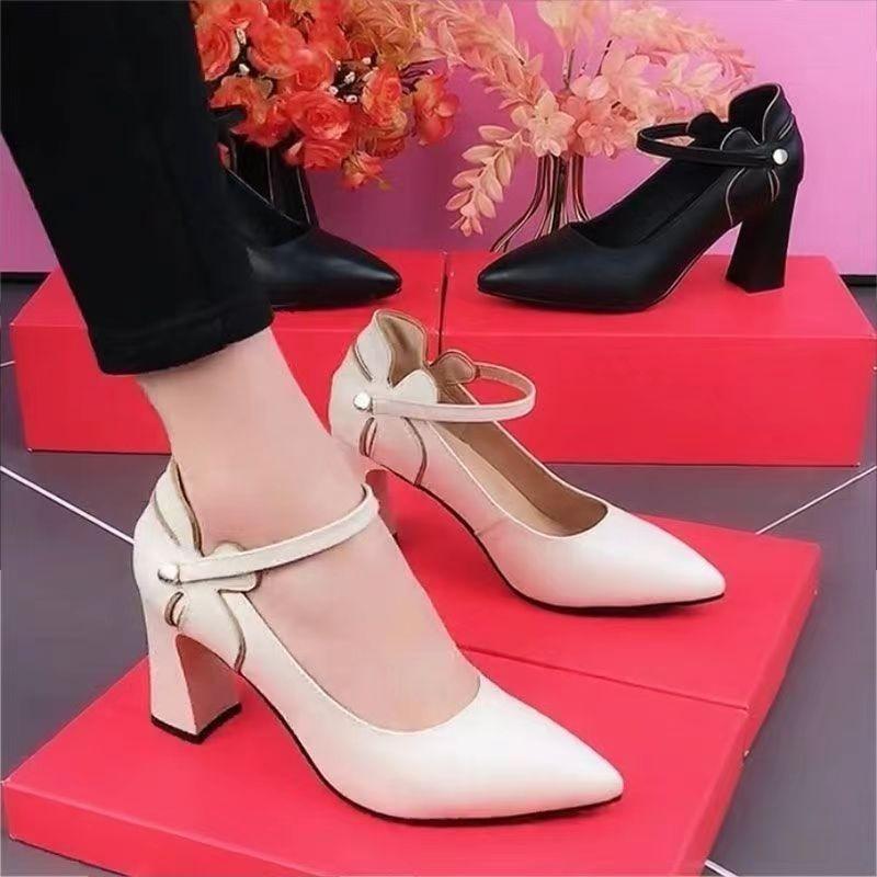 Fashion Spring New Soft Leather Simple Shallow Heels Pointed Toe Plus Size One Word Strap Versatile Soft Sole Single Shoes for Women