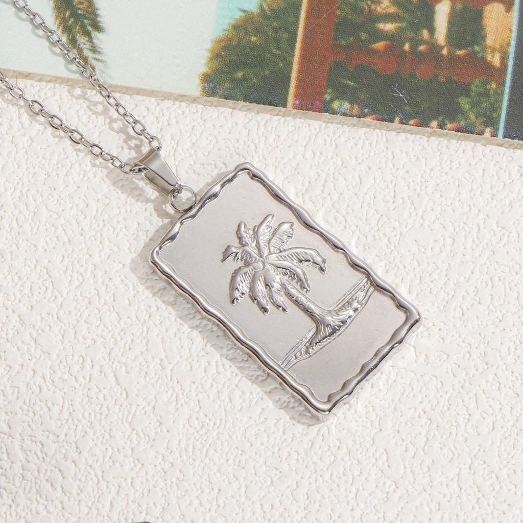 Silver Fine Chain with Coconut Tree Landscape Square Plate: Unisex Vacation Accessory
