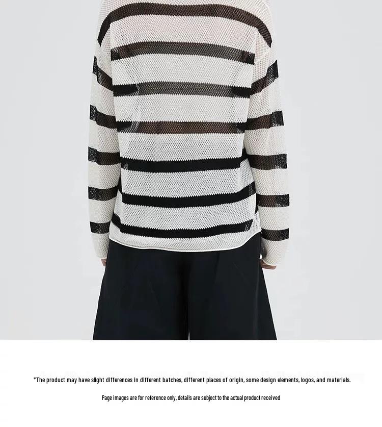 Women's Summer Striped Linen Knitwear: Openwork Long Sleeve Loose T-shirt Cardigan