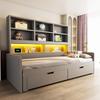 Wooden Sofa Bed 90/180 x 200 cm, Pull-Out Bed, LED Lighting, Youth Bed Frame With Sockets, Open Storage Compartments and Drawers, Grey