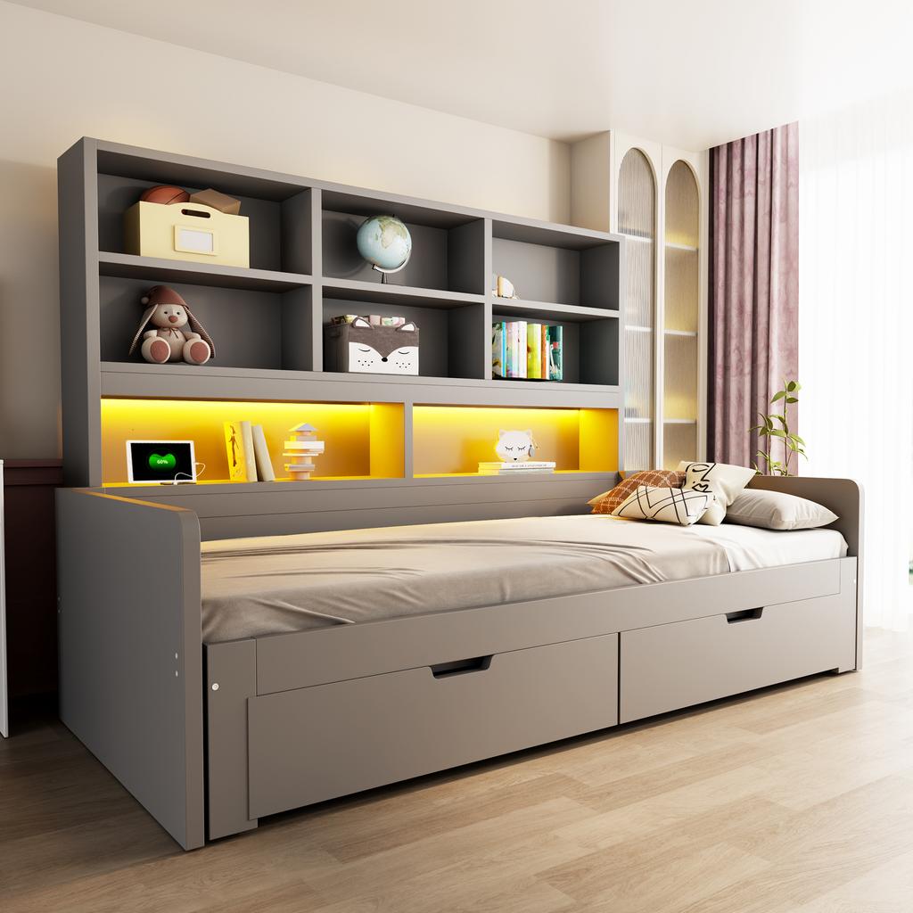 Wooden Sofa Bed 90/180 x 200 cm, Pull-Out Bed, LED Lighting, Youth Bed Frame With Sockets, Open Storage Compartments and Drawers, Grey
