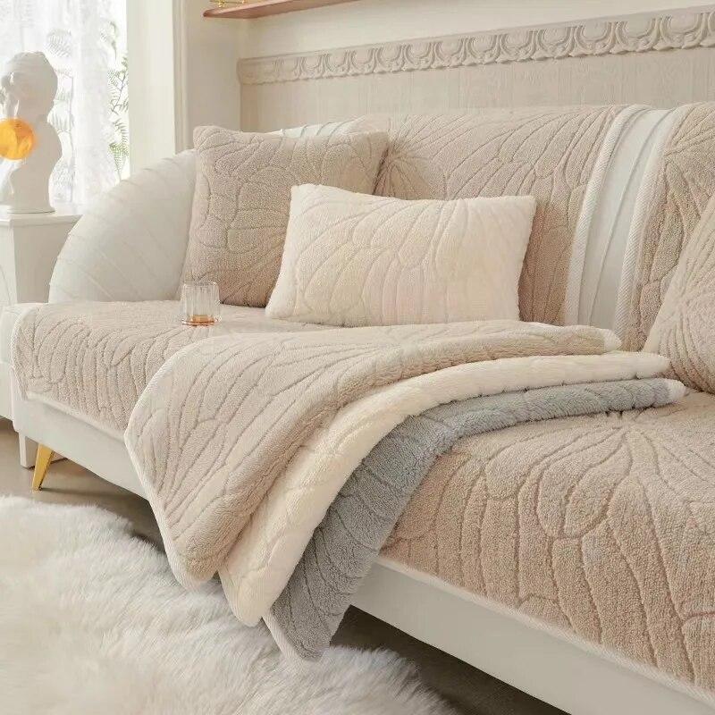 Winter Plush Sofa Cushion with Cat Sense Cream Thickened Non-Slip Cover Simple Modern Solid Cushion for Cozy Home