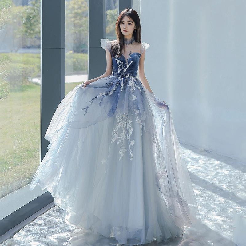 Blue Dress 1011 Summer New Feifei Sleeves Celebrity Party Long Dress Bar Mitzvah Art Examination Banquet Evening Dress Dress