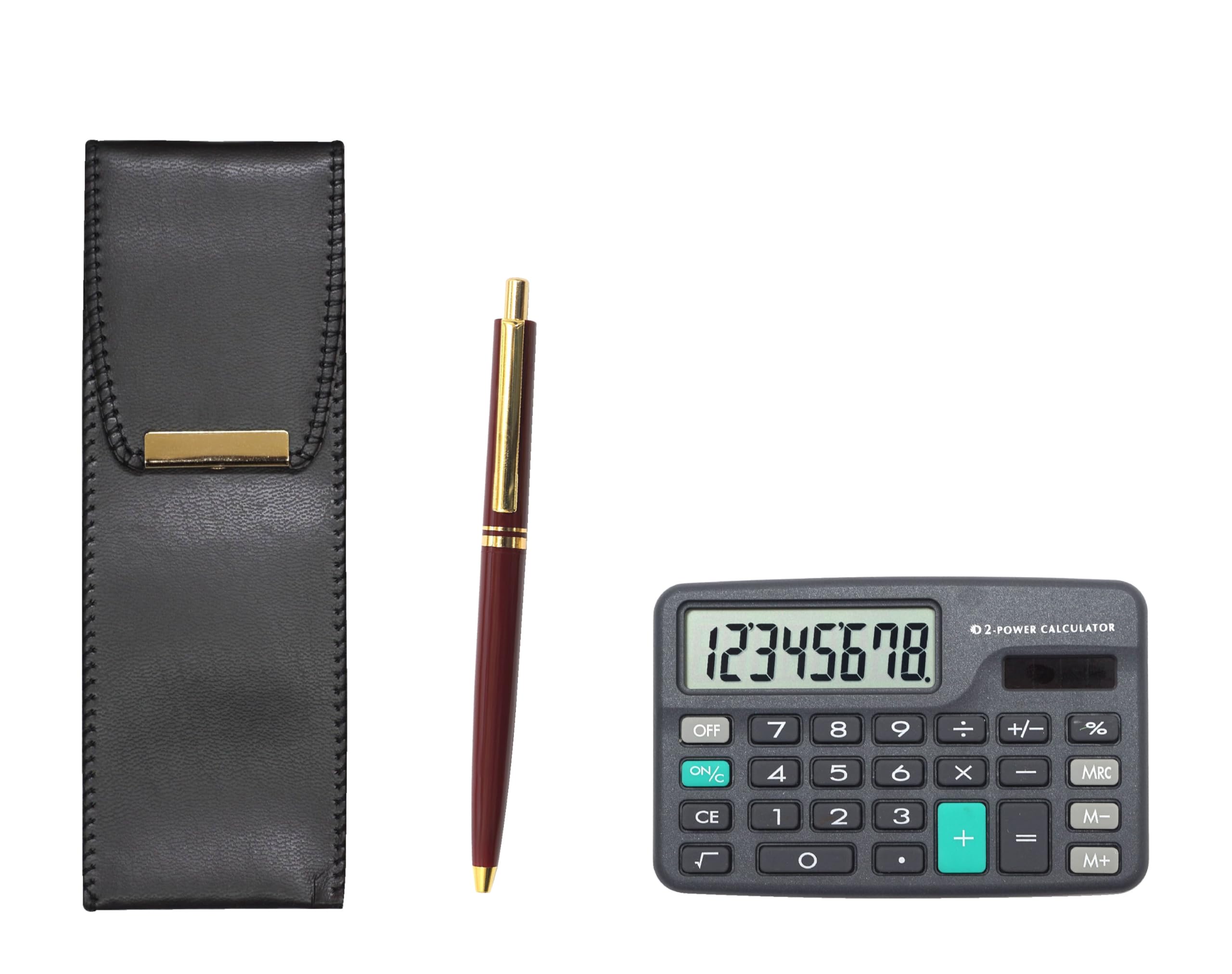 

pen case with mini calculator and a reissued metal clip ballpoint pen set Eco-leather (black, AP300) 1960s-era (red, T23-D-BR-B-AP300B-R)
