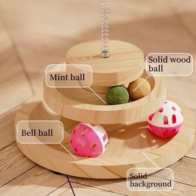 Jeu de piste à boules en bois à 2 niveaux pour chat, Toupie pour chat avec boules amovibles, Jouet interactif DIY en cercle pour l'exercice mental/physique du chat