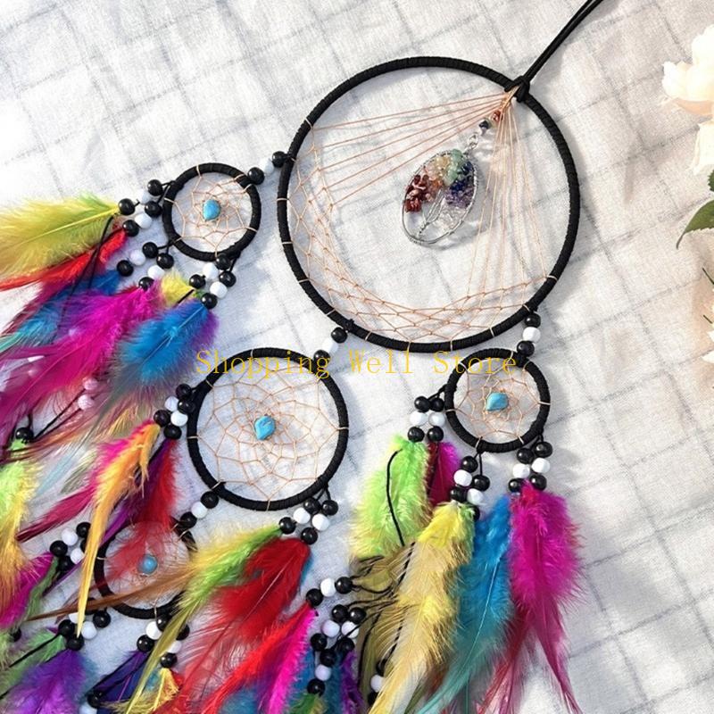 KX4B Ethnic Handmade Woven Dreamcatchers Wall Decorations Crystal Stone Colorful Feathered Wall Hangings Decors for Bedroom China Mainland