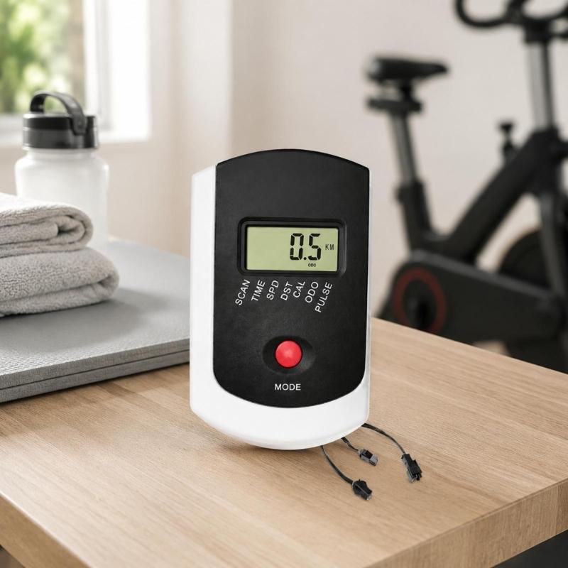 Exercise Equipment Monitor with LCD Workout Data Display, Single Mode Button, ABS Housing, and Attached Cable Leads with End Fittings