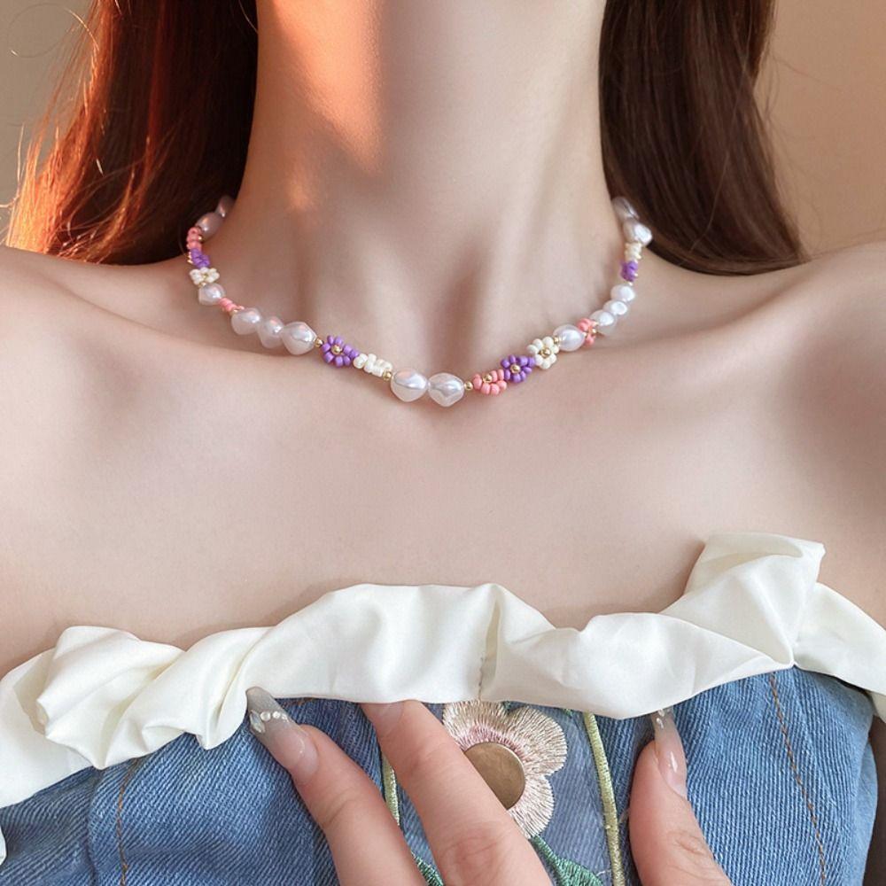 Korean Style Rice Bead Necklace Bead Flower Pearls Clavicle Chain Simple Daisy Bracelet  Girl