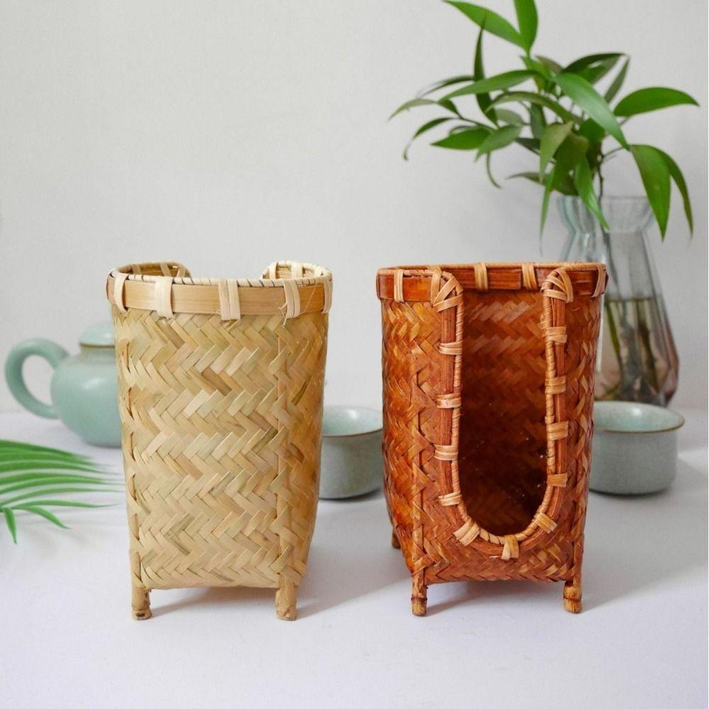 Bamboo Woven Cup Holder Rack Retro Japanese-style Tea Cup Storage Basket Handmade Space Saving Paper Cup Dispenser for Bathroom