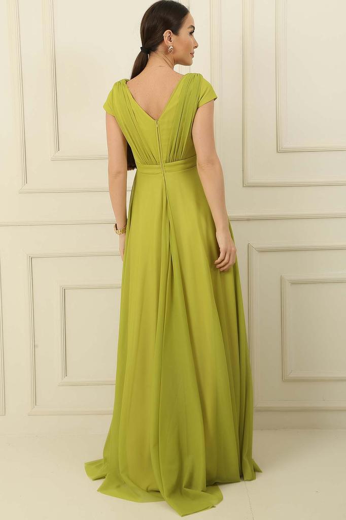 Double Breasted Neckline Sleeveless Full Circle Flare Lined Chiffon Tulle Long Dress