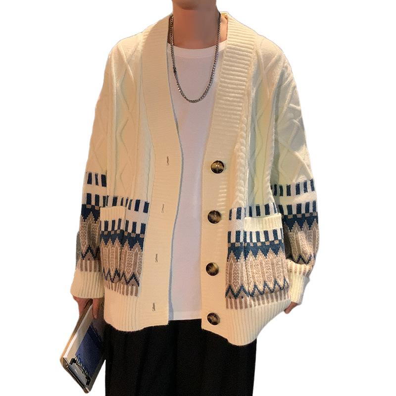 Jaro a podzim Nový trendy všestranný svetr Pánský zesílený volný denní jednoduchý ležérní barevný blok kardiganová bunda Pánská M-2XL