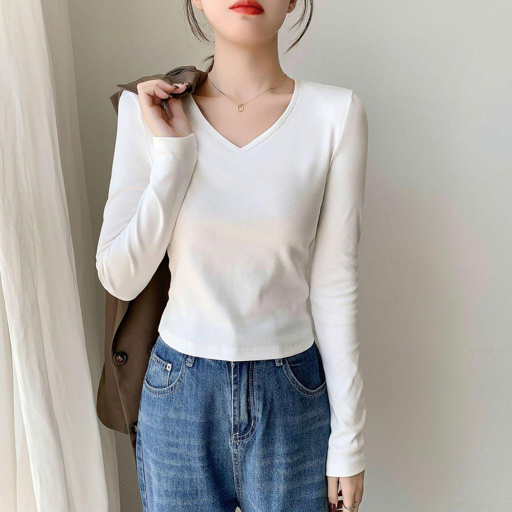 Women's Ribbed V-neck Slim-fit Base Shirt - Autumn/Winter Versatile Solid Color Top