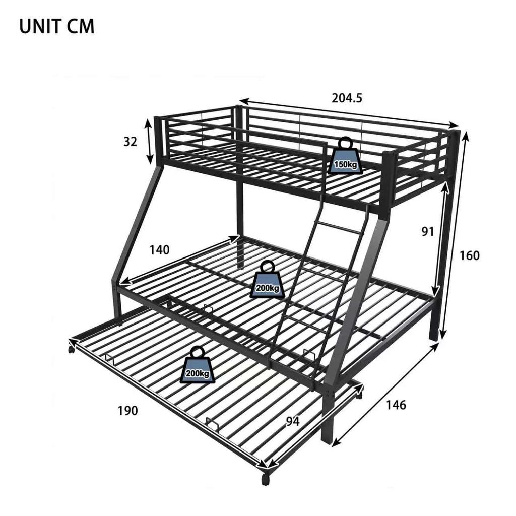 Metal Bunk Bed 90x200 & 140x200 Cm, Pull-Out Bed 90x190cm, Family Bed Capacity Up To 550kg, 3 Sleeping Places, Slanted Ladder & Fall Protection, Black