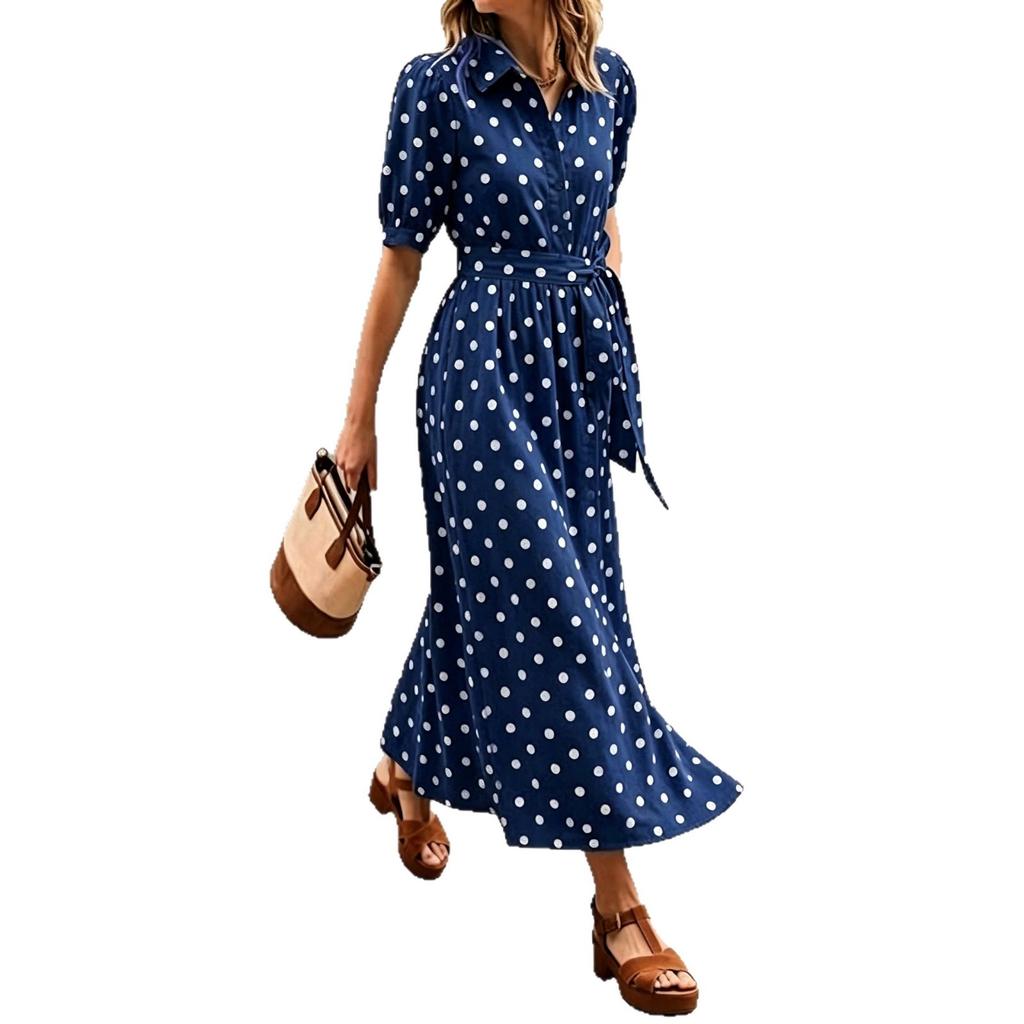 European and American Women's Clothing Elegant and Fashionable Summer New French Waist Polka Dot V-neck Slim-fitting White Dress